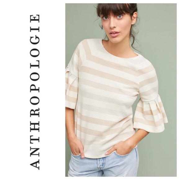 Maeve Anthro Silver Creme Stripe Bell Sleeve Top - Picture 2 of 6